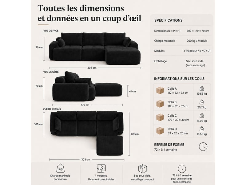 Canapé modulaire à compression, en tissu velours - Conforama W