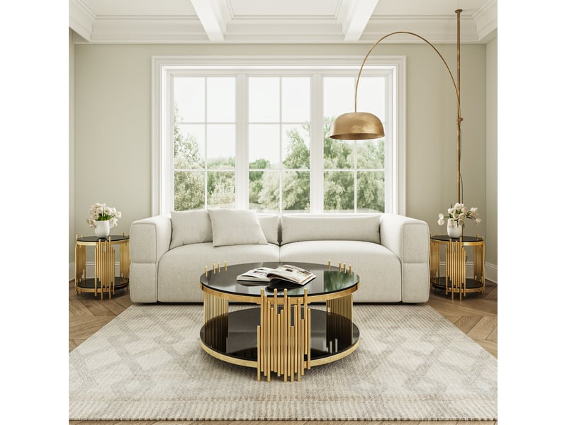 Table basse ronde de salon noir avec double plateau en verre trempé, structure dorée, rangement 80 x 80 x 45 cm - Conforama D