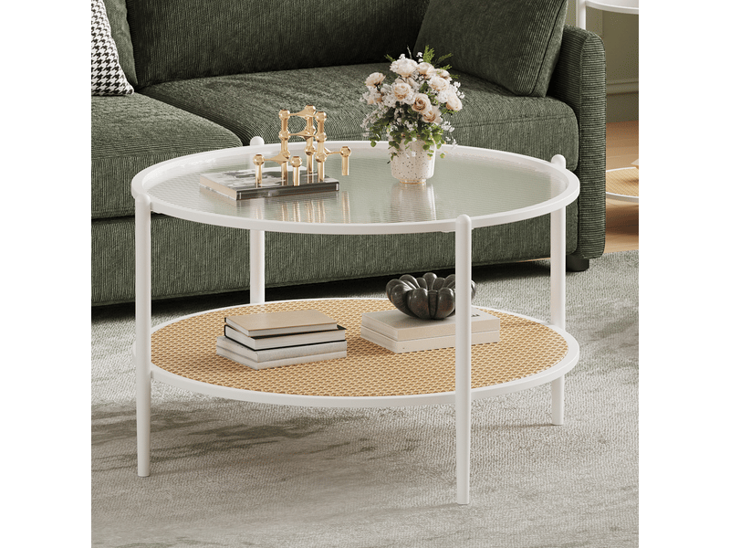  Table basse bohème moderne 2 niveaux rotin, plateau verre trempé ondulé, cadre métal robuste, étagère rangement salon bureau ,blanc PHK_346T83PK - Conforama C