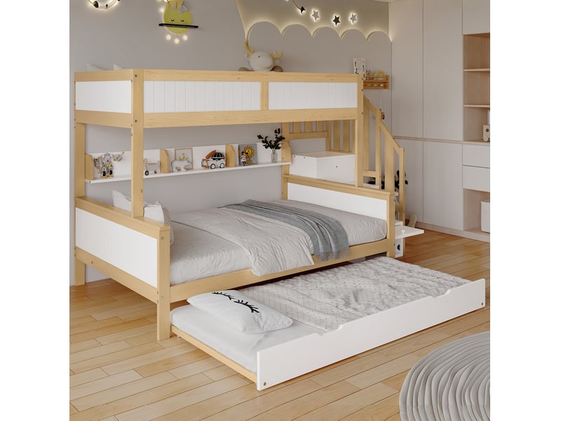 Lit superposé enfant 3 couchages avec lit gigogne, escalier et armoire, blanc naturel - Conforama D