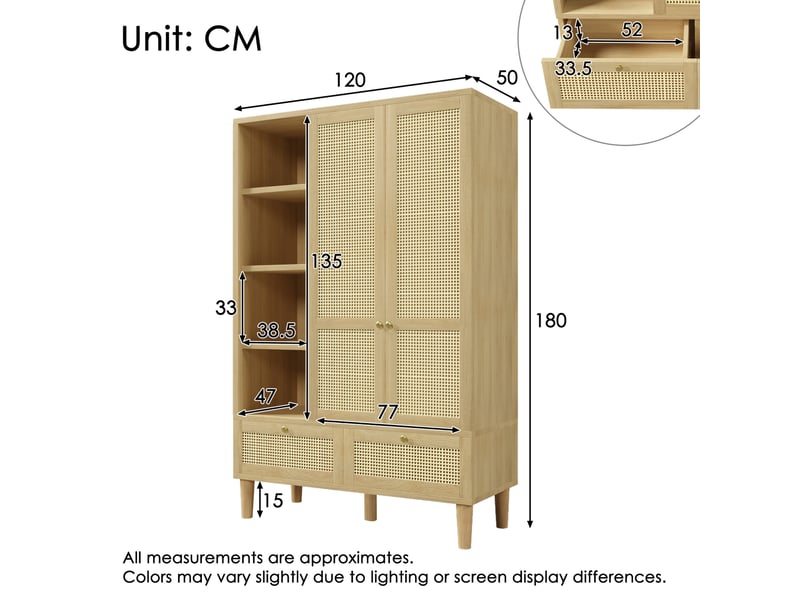 Armoire tcqpz 180 x 120 x 50 cm avec portes à motif rotin, étagères ouvertes, penderie et 2 tiroirs, style maison de campagne, bois clair - Conforama C