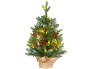 Sapin de noël 60 cm arbre de noël de table avec lumière led, 141 pointes, base en béton, pommes de pin et baies rouges