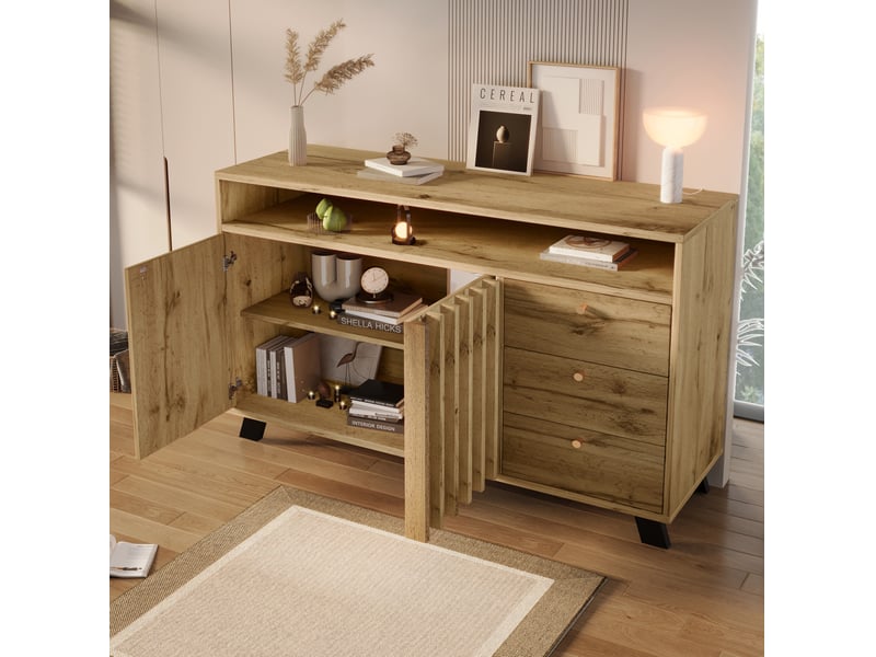  Buffet 2 portes et 3 tiroirs avec façade à lamelles et rangement, 120x40x85 cm, effet chêne foncé  - Conforama B