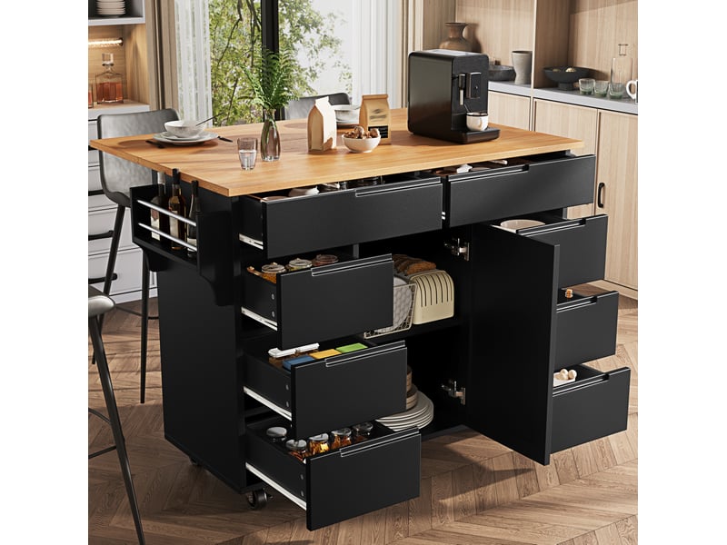  Îlot de cuisine mobile noir en mdf, 8 tiroirs, plateau pliant et roulettes  - Conforama B