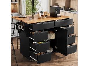 Îlot de cuisine mobile noir en mdf, 8 tiroirs, plateau pliant et roulettes
