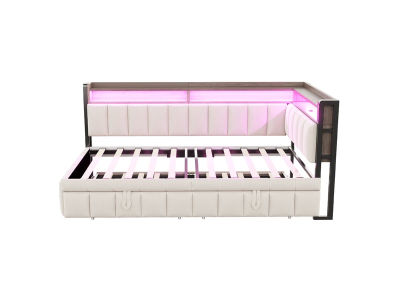  Lit gigogne 90x200 cm en velours beige avec led et ports usb  - Conforama E