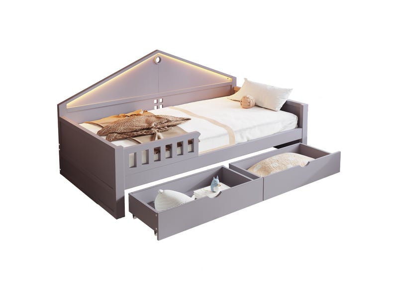  Lit simple 90x200 cm avec 2 tiroirs et éclairage led en bois gris  - Conforama A