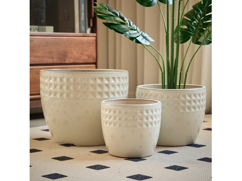 Lot de 3 pots de fleurs en céramique ø3830,523 cm – blanc crème – drainage et relief triangulaire géométrique - Conforama B