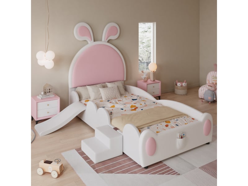  Lit enfant 90x200 cm, lit simple avec petit escalier, toboggan et sommier à lattes en bois, en pu,blanc et rose, sans matelas  - Conforama B