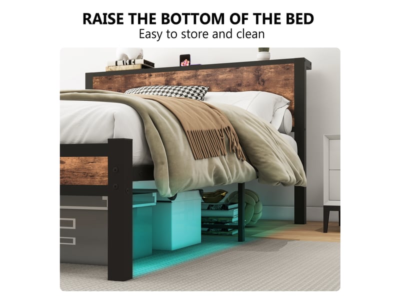  Lit double 140x200 cm avec sommier à lattes, cadre de lit avec tête de lit et espace de rangement, brun vintage, lit 2 personnes  - Conforama R