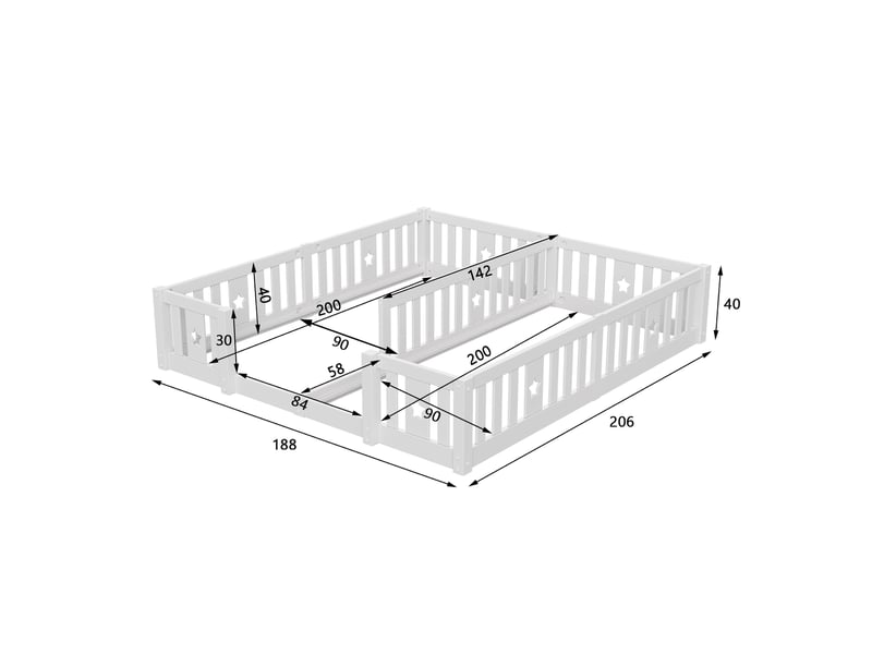  Lit simple 90x200 cm(x2), lit enfant, lit au sol montessori avec barrières, motif étoile,  sommier non inclus, bois, blanc  - Conforama E