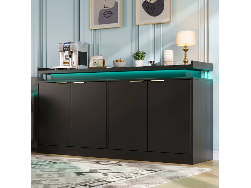  Buffet bas 160x39x83 cm à 4 portes avec éclairage led, coloris noir  - Conforama E