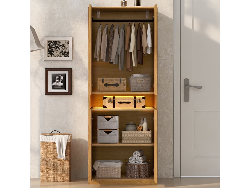  Armoire avec compartiment éclairé led 70x55x180 cm, mdf, blanc et coloris bois  - Conforama C