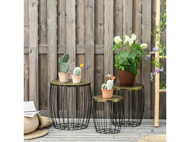  Ensemble de 3 tables d'appoint empilables pour jardin, style industriel, en métal avec plateau imitation rotin noir.  - Conforama C