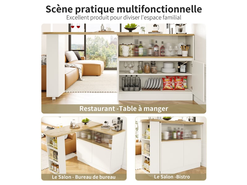  Table de bar pivotante à 360°, 90-120x45x100 cm avec étagère de rangement et porte coulissante en verre, blanc  - Conforama D