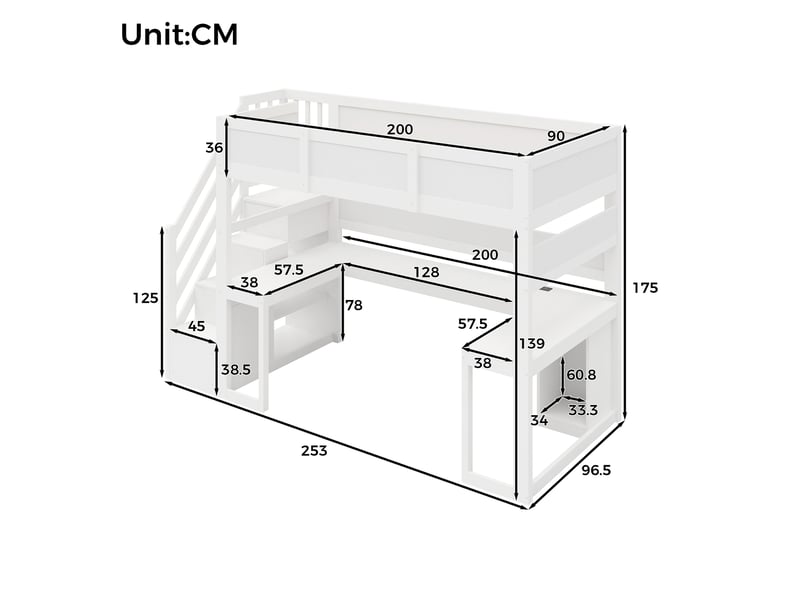 Lit mezzanine gaming 90 x 200 cm avec bureau, escalier avec rangement, éclairage led et port usb, blanc - Conforama C