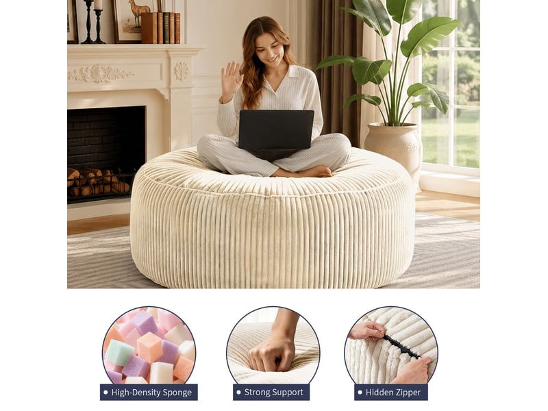 Fauteuil pouf rond avec mousse à mémoire de forme pour adultes et adolescents en velours côtelé blanc - Conforama E