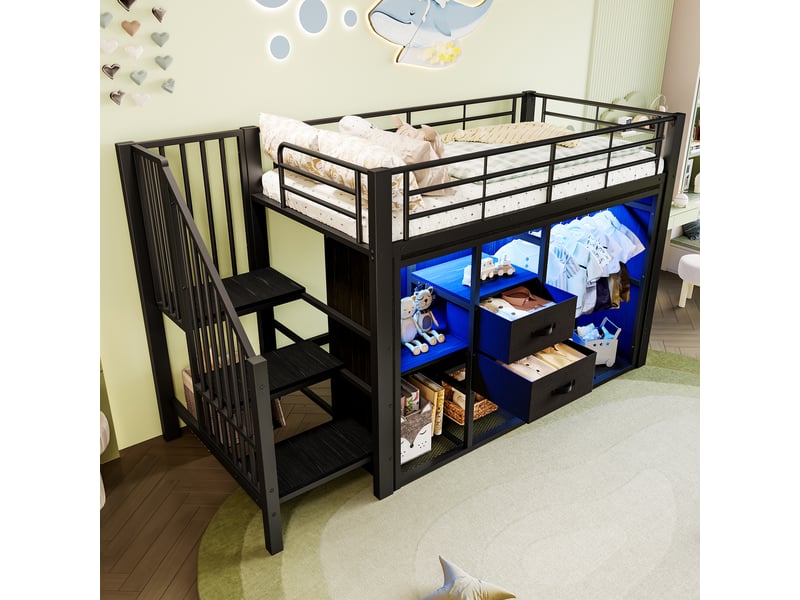 Lit mezzanine 90x200 cm coloris noir led métal lit enfant noir - Conforama E