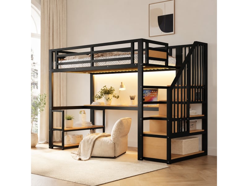  Lit mezzanine 90x200 cm avec bureau et rangements en métal noir  - Conforama C