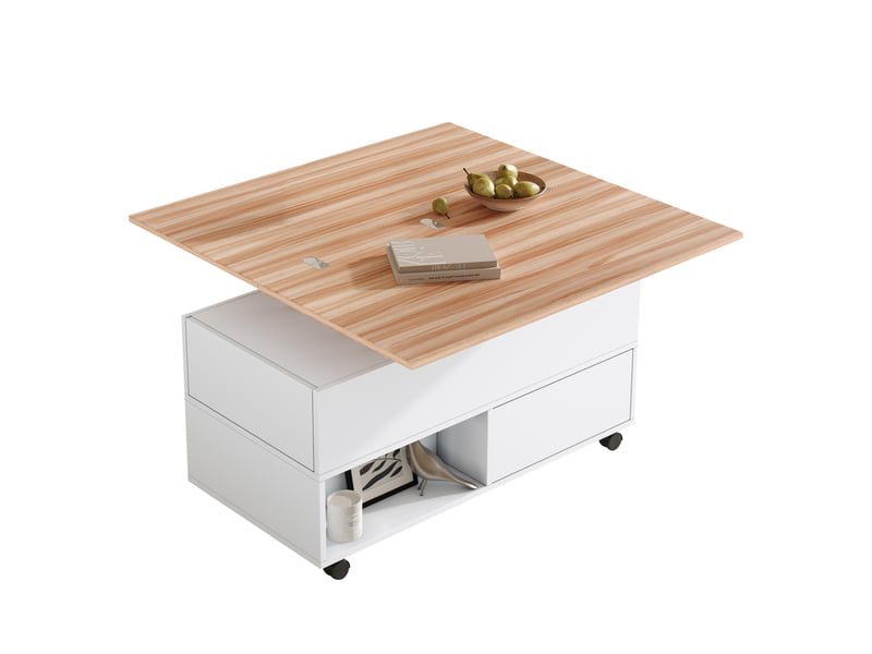  Table basse 100x50x52 cm relevable extensible à roulettes en panneaux de particules blanc et chêne  - Conforama A