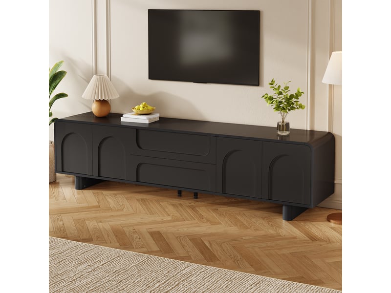  Meuble tv noir 180x40x46cm réglable rangement tiroirs portes passe-câbles coins arrondis brillant mdf et panneau de particules salon  - Conforama B