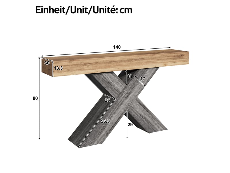  Console étroite à pieds en x, aspect bois, en panneaux de particules, idéale pour l'entrée ou le salon.  - Conforama C