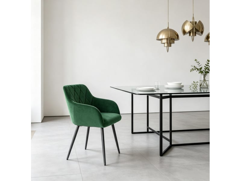  Chaise de salle à manger avec accoudoirs en velours vert foncé et pieds en métal  - Conforama D