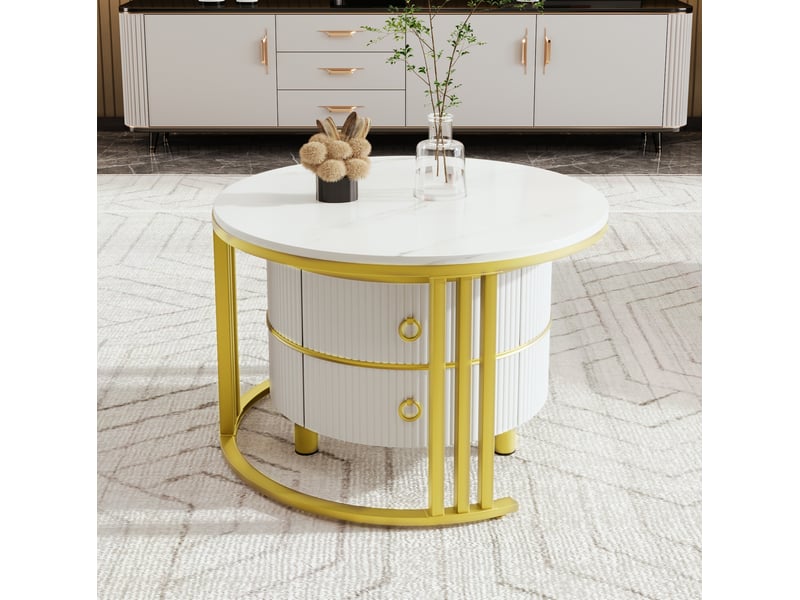  Table basse 70*70*46+50*50*40cm, en mdf coloris blanc, table gigogne 2 tiroirs de rangement, motif marbre  - Conforama E