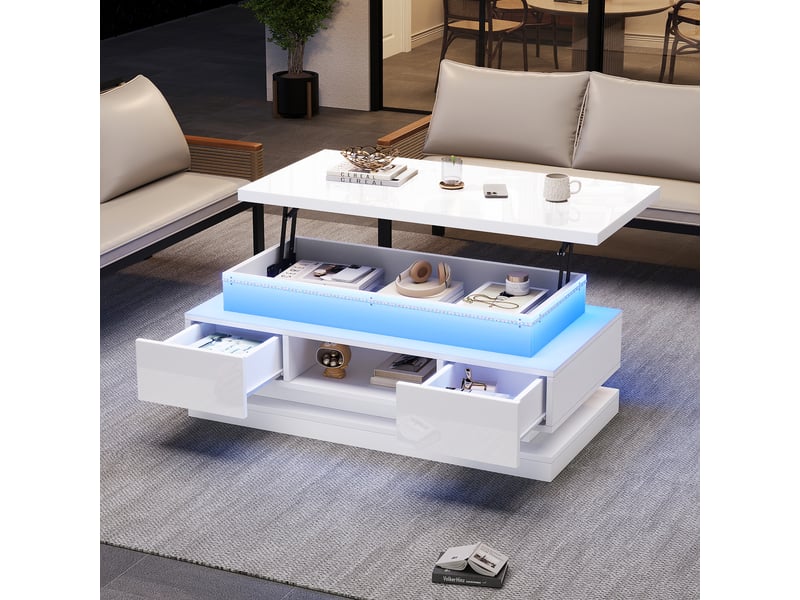  Table basse relevable 100x50x40 cm, table de salon blanche avec plateau brillant, 2 tiroirs et led  - Conforama D