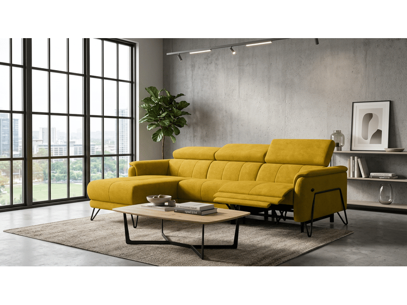 Canapé d'angle 4 places roden avec relax, tissu velours jaune foncé RODEN - Conforama B