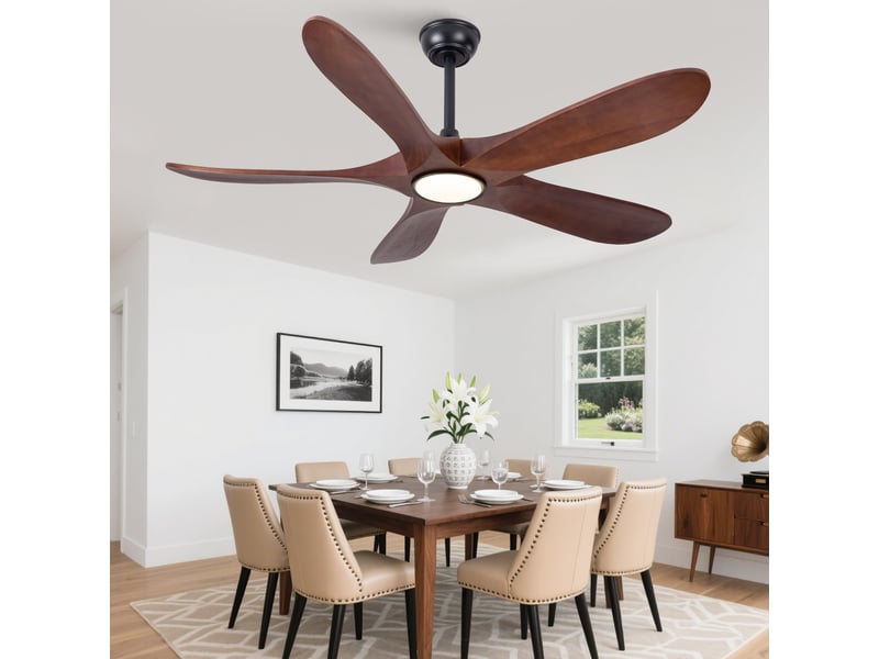  Ventilateur de plafond 132 cm avec éclairage, 5 pales en bois noyer et noir  - Conforama D