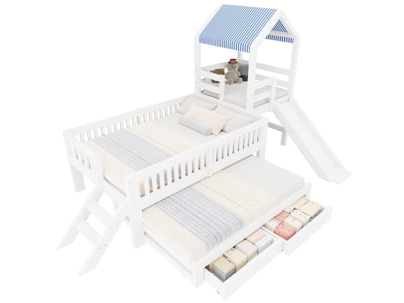  Lit gigogne 90x190 cm - lit cabane enfant 90x200 cm avec toboggan - escalier, tiroirs et toit en tissu - blanc  - Conforama A