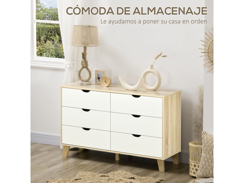  Commode avec 6 tiroirs, pour chambre, salon ou studio, style moderne, 120x40x76 cm, naturel et blanc  - Conforama E