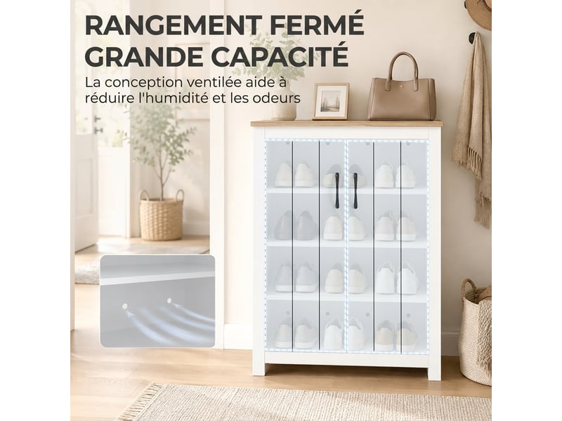  Meuble à chaussures 2 portes 4 niveaux 12 paires coloris chêne et blanc 80x32,8x105 cm  - Conforama D