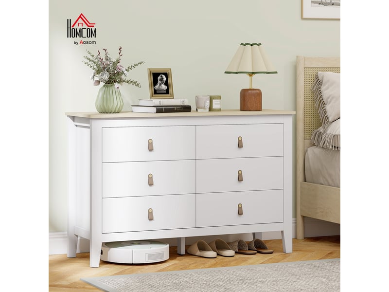  Commode à 6 tiroirs, poignées en similicuir, idéale pour le salon et l'entrée, 120 x 40 x 78 cm, blanche  - Conforama C