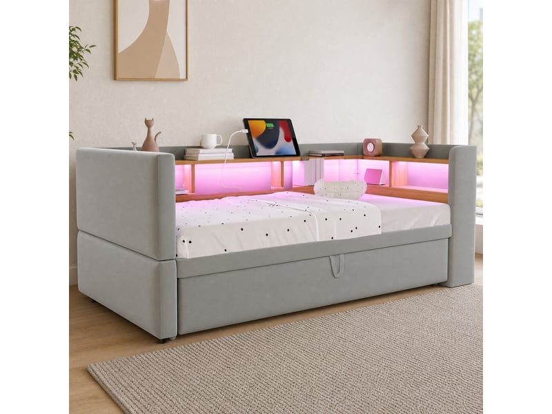 Canapé-lit extensible 90180 x 190 cm gris clair avec led, prises et rangements - Conforama C