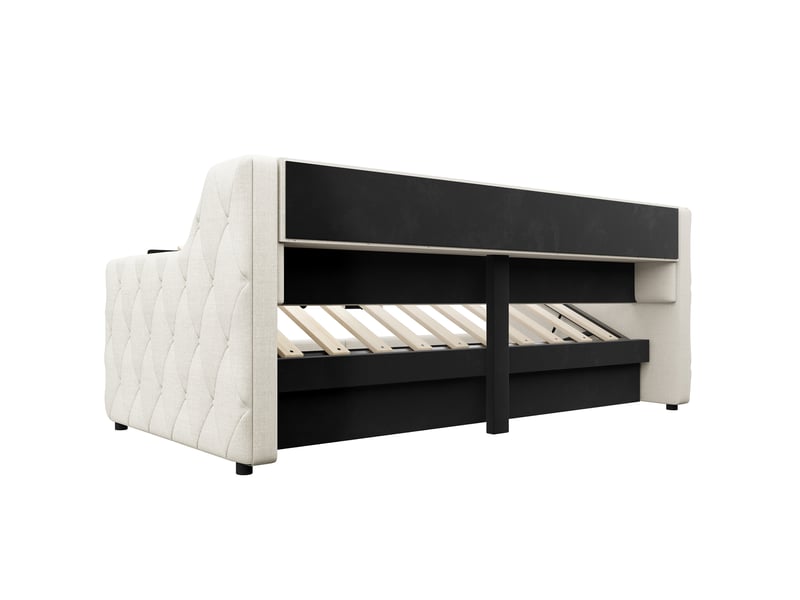  Lit de jour 90x200 cm avec led - lit coffre hydraulique en lin beige avec ports usb et type-c  - Conforama R