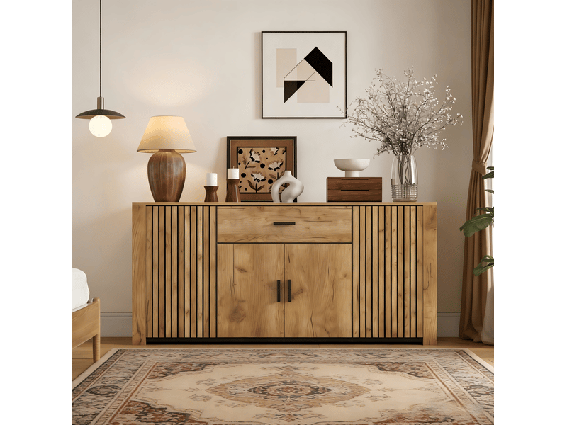 Buffet bas 160x40x75 cm chêne clair avec 4 portes et 1 tiroir - Conforama B
