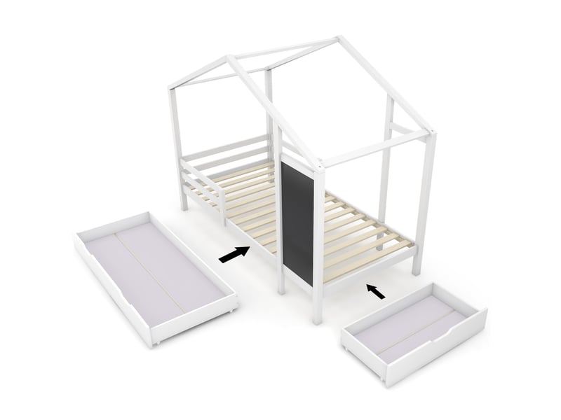 Lit cabane enfant 90 x 200 cm avec tableau et 2 tiroirs, barrières et sommier à lattes, blanc, pin massif 357576AAW - Conforama E