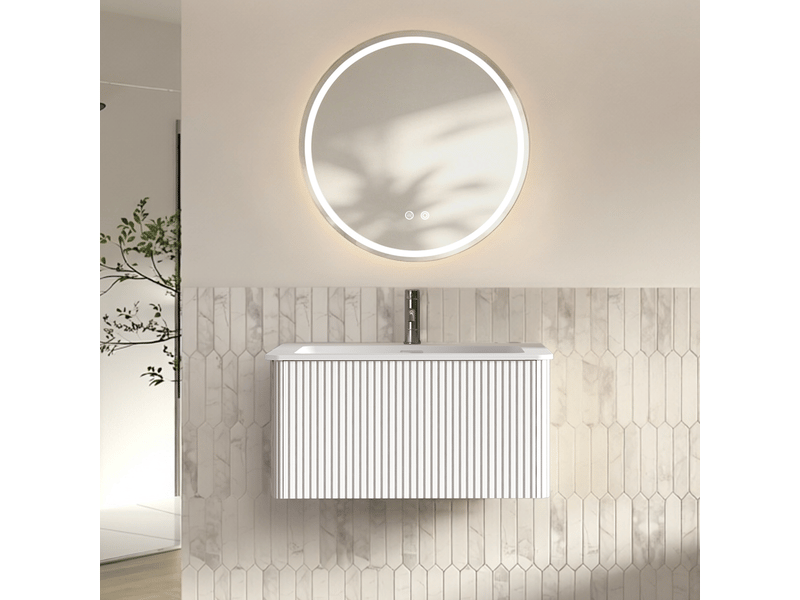 Ensemble meuble salle de bain avec miroir led, vasque suspendue 80 cm, anti-buée prémonté - Conforama D
