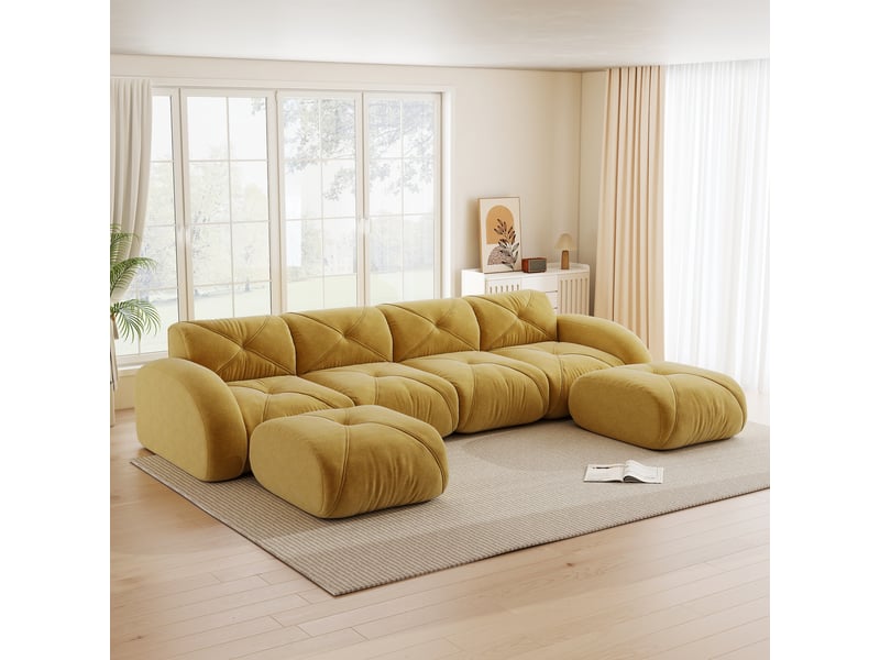 Canapé modulable panoramique 4 places en tissu chenille jaune, design sans cadre avec 2 poufs inclus pour salon moderne - Conforama B