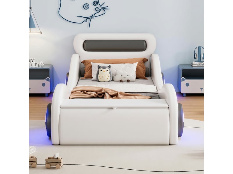  Lit enfant voiture 90 x 200 cm rembourré blanc avec roues lumineuses led, rangement au pied et sommier à lattes  - Conforama E