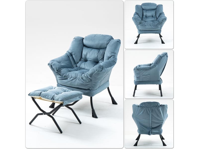  Fauteuil lazy ulevr avec repose-pieds pliant et poche latérale, 75 x 80 x 85 cm, métal, bleu clair  - Conforama E