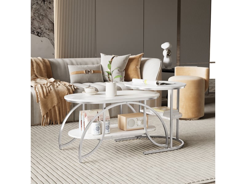  Table basse gigogne 8052cm blanc et argent - design moderne avec plateau effet marbre et double étagère de rangement  - Conforama C