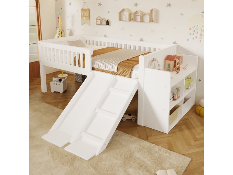  Lit mezzanine enfant 90x200 cm avec toboggan, en bois mdf et pin blanc, avec rangement intégré et espace jeu pour chambre enfant IKSETERA TRADING LTD - Conforama E