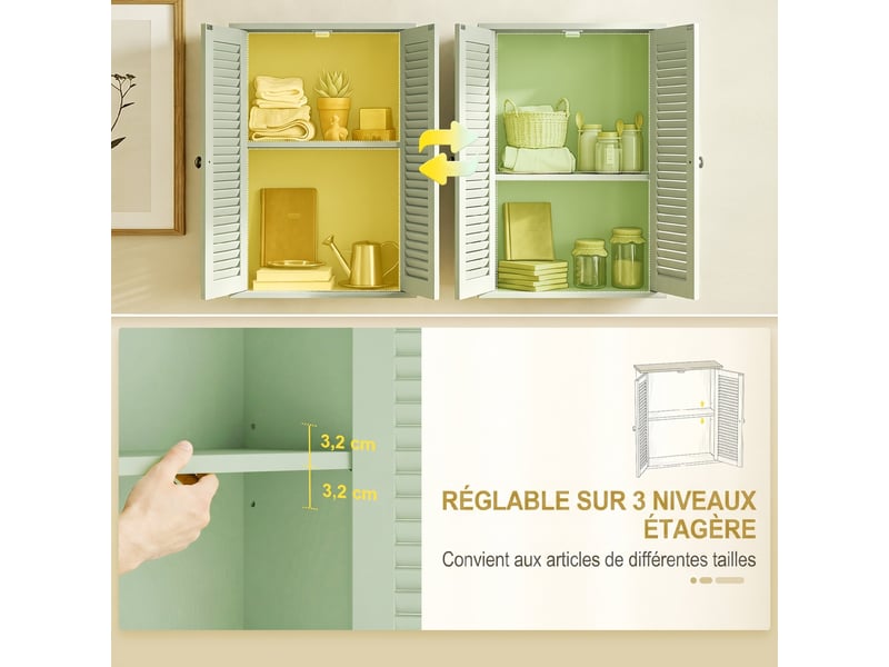  Armoire murale salle de bain verte, 2 portes persiennes et étagère réglable  - Conforama W