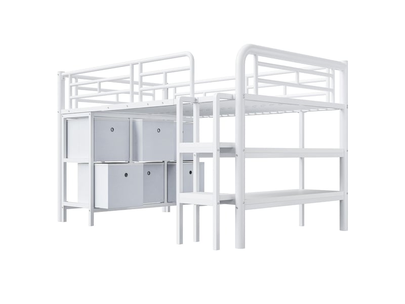 Lit mezzanine enfant 90x200 cm tiroirs et étagères - lit mezzanine - métal blanc avec marches larges et coins arrondis - Conforama C