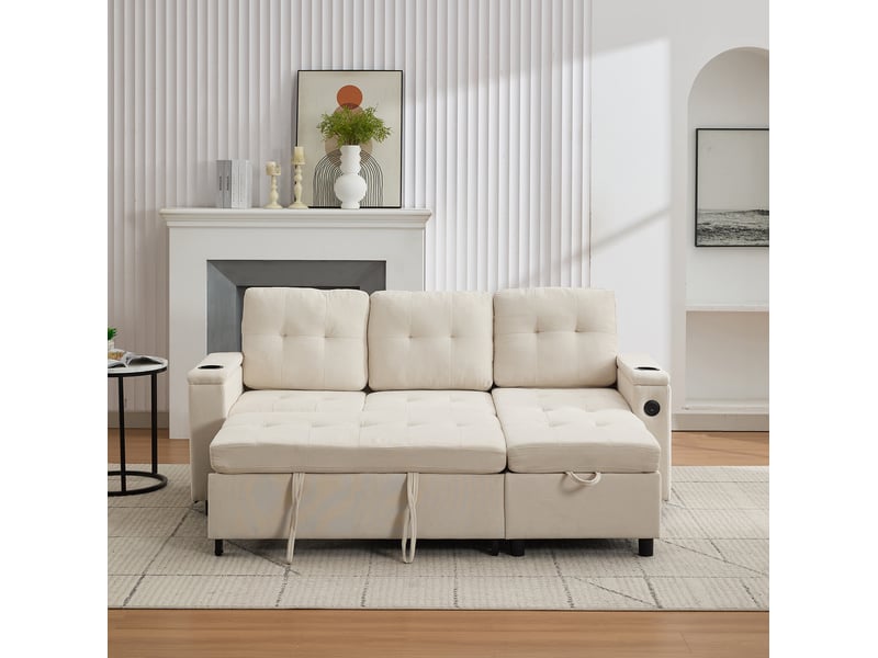 Canapé d'angle convertible treviso 3 places en tissu beige avec led, rangement et ports usb pour le salon - Conforama E