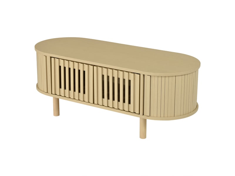  Table basse ovale bois clair 100 x 40 x 38 cm, 2 portes à rideau, pieds en bois massif  - Conforama D