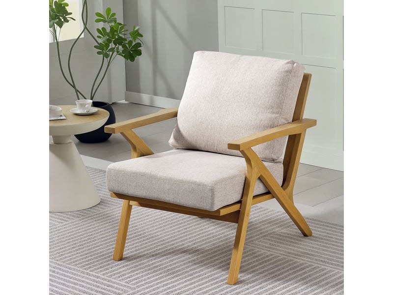  Fauteuil salon, fauteuil scandinave en tissu effet lin, coussins rembourrée et pieds en bois d'hévéa, 76x87x88cm, beige  - Conforama D